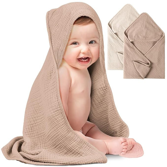 Konssy 2-Pack Muslin Hooded Baby Towels, 100% Cotton, Ultra-Soft & Absorbent Baby Bath Towels with Hood for Newborn & Infant (Cream, Camel,30" x 30")
