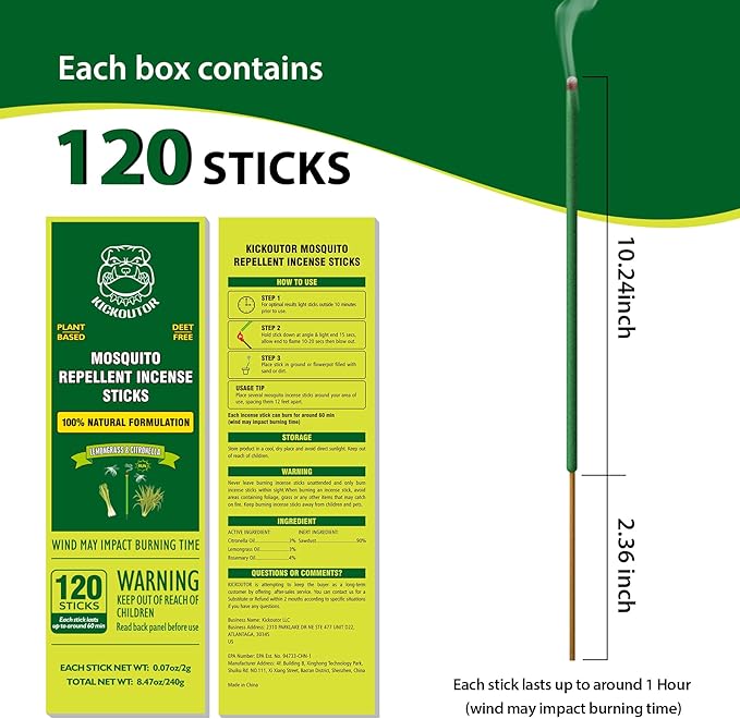 KICKOUTOR® Mosquito Repellent Outdoor Patio 120 PCS Citronella Oil Mosquito Incense Sticks Natural Organic Mosquito Barrier Mosquito Repeller for Backyard Travel Camping Indoors Gnat Mosquito Control