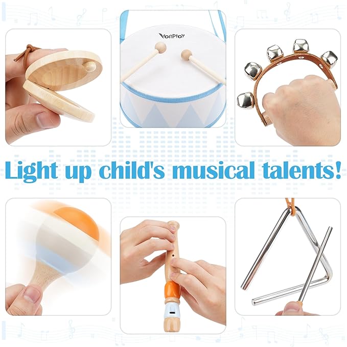 Toddlers Drum Set - Montessori Toys for 2 3 Year Old Boy Girl Birthday Gifts, 6 in 1 Wooden Musical Instruments for Toddlers 2-4, Preschool Learning Musical Toys for Baby 18+ Months with Snare Drum