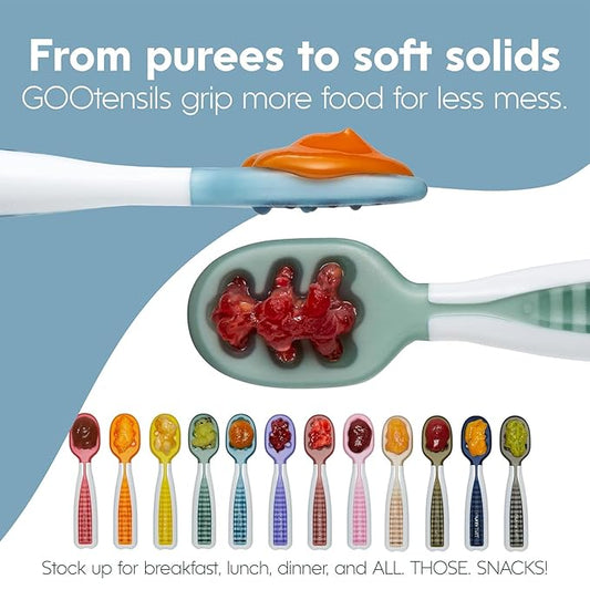 NumNum Baby Spoons Set, Baby Essentials Pre-Spoon GOOtensils for 6+ Months, First Stage Self-Feeding Spoons for Baby Led Weaning (BLW), Silicone Toddler Utensils, BPA-Free, 3 Pack Tropical Paradise