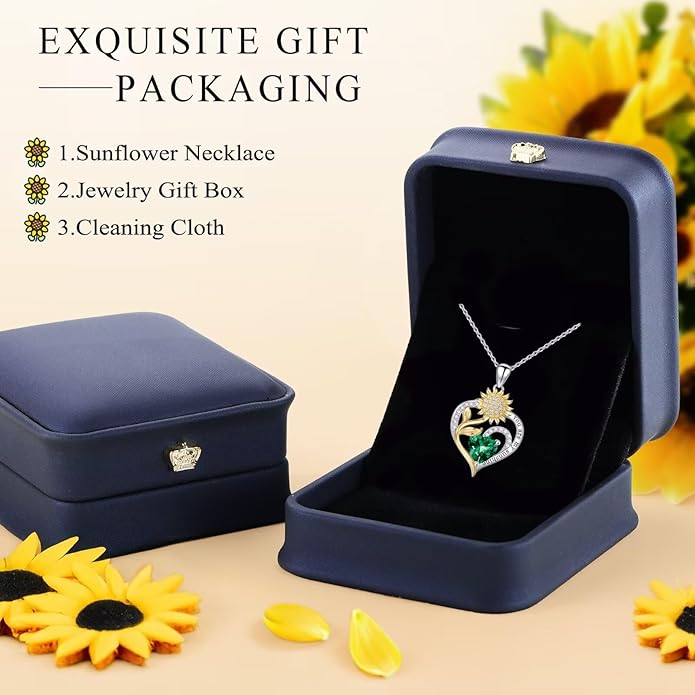 Iefil Sunflower Gifts for Women - Sunflower Necklace Heart Pendant Birthstone Necklace for Women Anniversary Birthday Gifts for Wife You Are My Sunshine 925 Sterling Silver Jewelry for Wife Mom