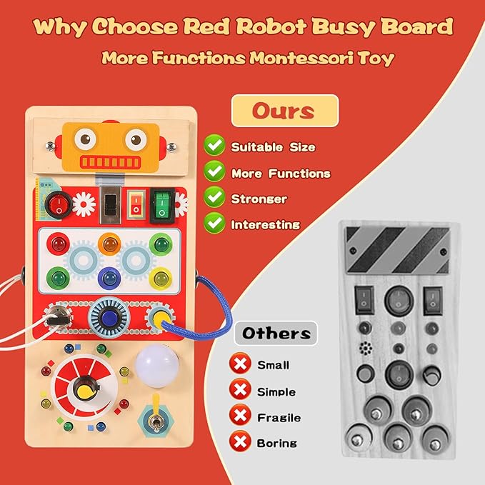 Asweets Montessori Wooden Busy Board Toy for Toddler, Red Robot Sensory Board with 8 LED Shape Light Switches, Travel & Gift Toys for Kids, 3.9''L x 2.0''W x 7.5''H