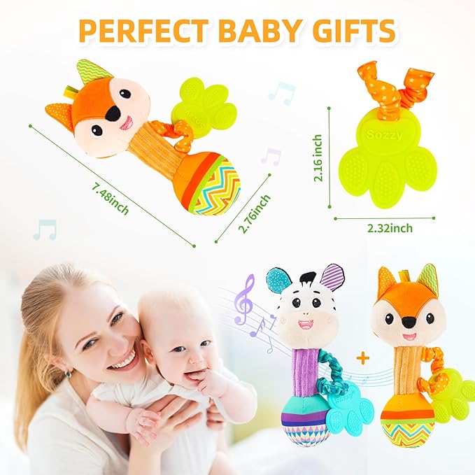 Baby rattles 0-6 months, Set of 2 rattles for babies 0-6 months, Soft Stuffed Animal Rattle Hand Grip Baby Toys, baby rattle Shaker Crinkle Squeaky Sensory Travel Accessories for 0 3 6 9 12 Months old