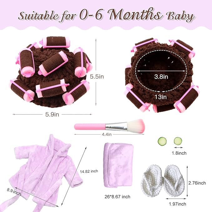 SPOKKI Newborn Photography Props Newborn Girl Photoshoot Outfits Crochet Baby Curler Hat with Makeup Brush for Infant Boys Girls (Purple)