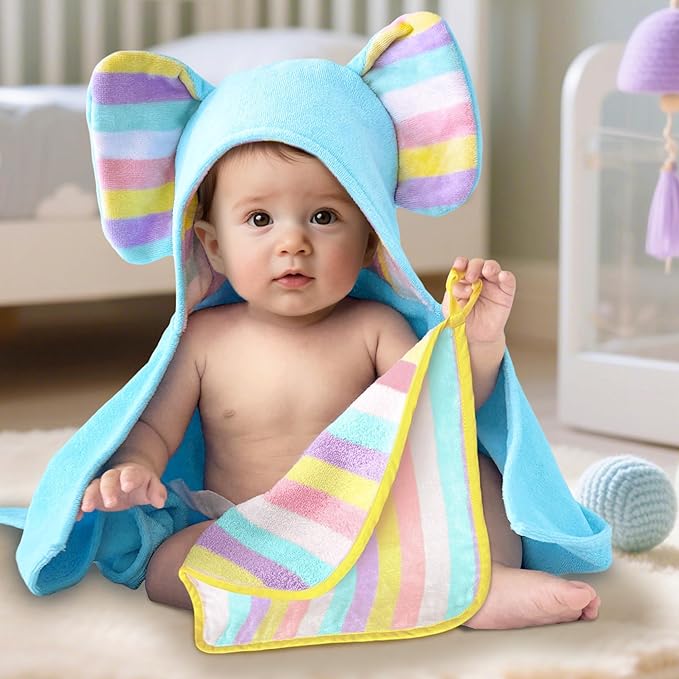 VOOVA & MOVAS Baby Hooded Bath Towel - 100% Cotton, 33x23.5 Inches,0-3Years, Super Absorbent Large Towel with Cute Elephant Ears Hood for Newborn, Baby, Toddler,Baby Blue