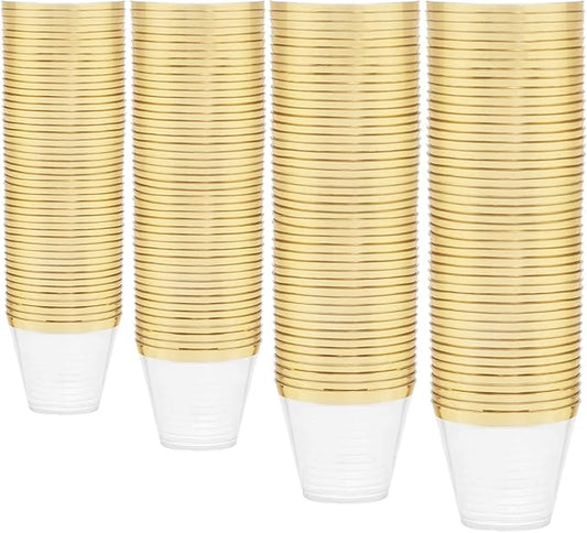 WDF 200 Pack Gold Plastic Cups - 9 Oz Elegant Clear Plastic Cups Gold Rimmed - Fancy Disposable Party Cup Wedding Cup Drinking Tumblers Cocktail Glasses