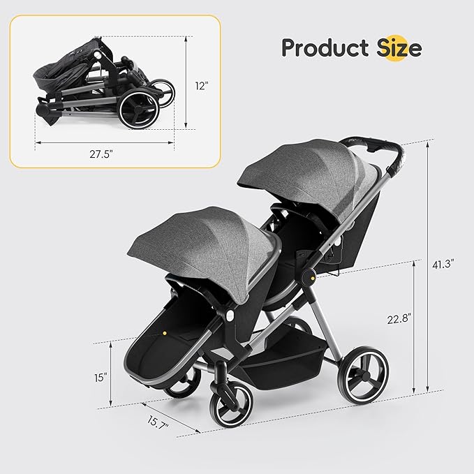 MU Double Stroller, Foldable Twin Tandem Stroller with Adjustable Backrest, Reversible Seat, 5-Point Harness, Storage Basket, Convertible Baby Bassinet for Infant and Toddler, Gray
