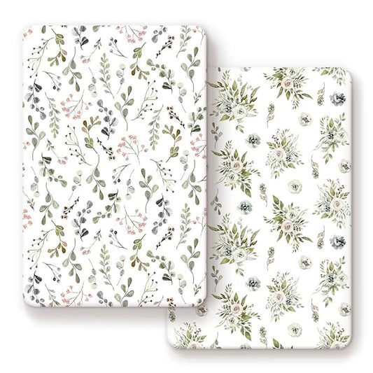 GRSSDER Stretchy Ultra Soft Jersey Knit Fitted Pack n Play Sheets Set 2 Pack， Portable Pack and Play/Mini Cribs Sheets for Girls，Stylish Watercolor Rose and Flora