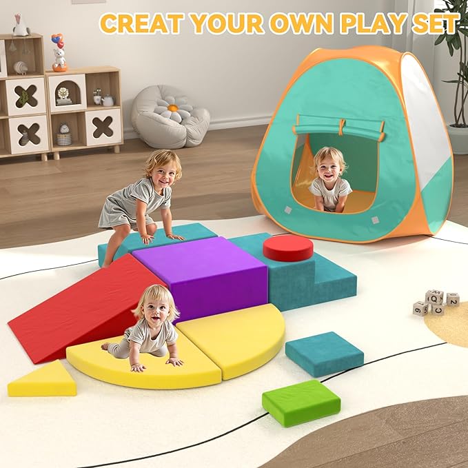 Foam Climbing Blocks with Folding Tent,10 PCS Soft Play Set for Toddlers 1-3, Colourful Toddler Climbing Toys Indoor, Flexible Crawling and Sliding Foam Blocks