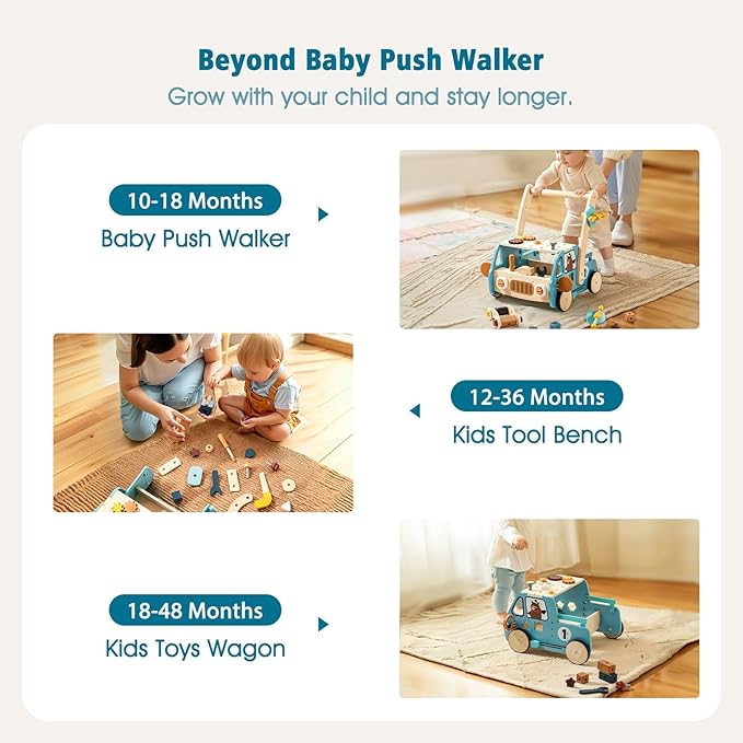IEATFO Wooden Baby Walker Adjustable Height with Tool Bench and Toy Storage Wagon - Multifunctional Toddler Push Walker Ergonomically Designed for Natural Walking - 3+ Years of Continuous Use
