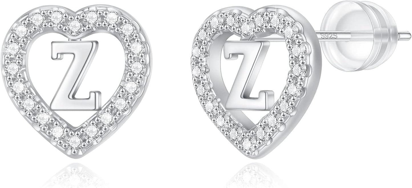 Initial Heart Earrings for Girls, Sterling Silver Post Silver/Rose Gold Heart Initial Stud Earrings for Little Girls Kids Baby Earrings Non Tarnish Hypoallergenic Earrings for Teen Girls Gifts Jewelry