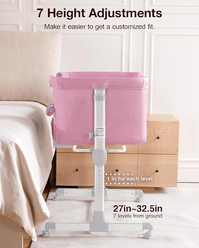 Larex Baby Bassinet, 3 in 1 Bassinets Bedside Sleeper for Newborn, Portable Crib Adjustable 7 Height Bedside Bassinet with Mattress and Wheels Pink