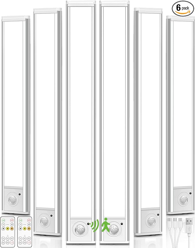 74LED Rechargeable Under Cabinet Lighting Wireless,6Pack Motion Sensor Light Indoor Battery Operated,3 Color Temps&Dimmable Closet Lights with Remote,Under Counter Lights for Kitchen,Stairs