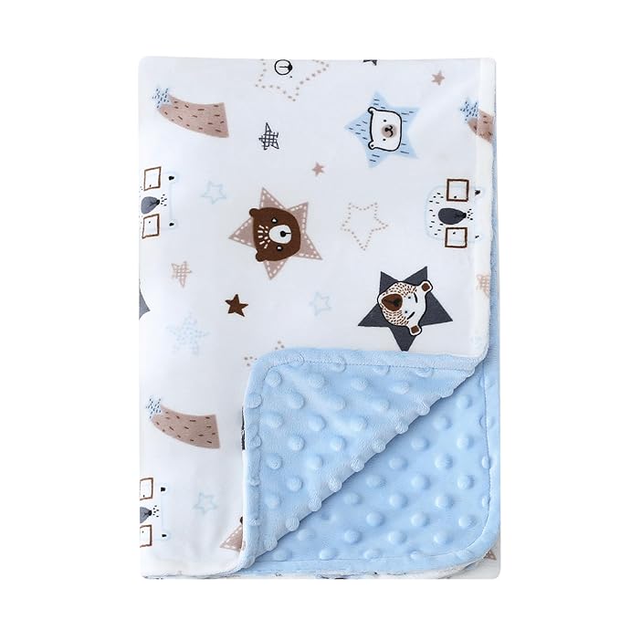 DaysU Silky Micro Soft Plush Baby Blankets for Girls with Print Animal Pattern and Soothing Raised Dots, Double Layer Bed Throws for Baby Crib, Bear, Blue, 30x40 Inches