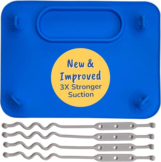 BUSY BABY Silicone Mat - New and Improved Suction Cups, 4 Straps to Secure Baby Essentials, Self Feeding, Baby Led Weaning, Travel Sleeve Included (Blue)