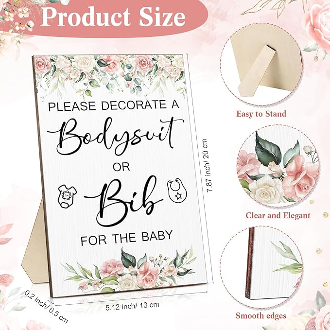 Roowest 35 Pcs Baby Shower Bibs Games Design Wooden Baby Shower Party Game Sign DIY Bodysuit Sign 15 White Blank Feeder Bibs 9 Newborn Bodysuit 10 Markers for Boys Girls(Flower)