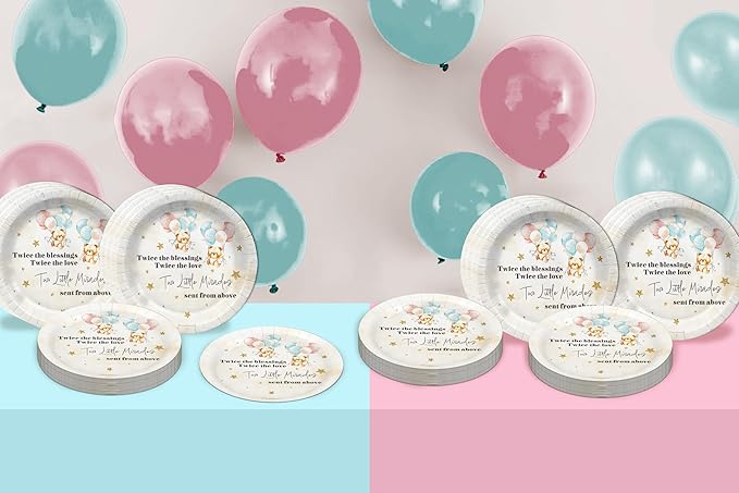 Birthday Galore Twin Teddy Bear Baby Shower - 32 Piece Disposable Party Supplies - Twins Baby Shower Decorations - Round Party Plates - Large 9 Inch Paper Plates In Bulk