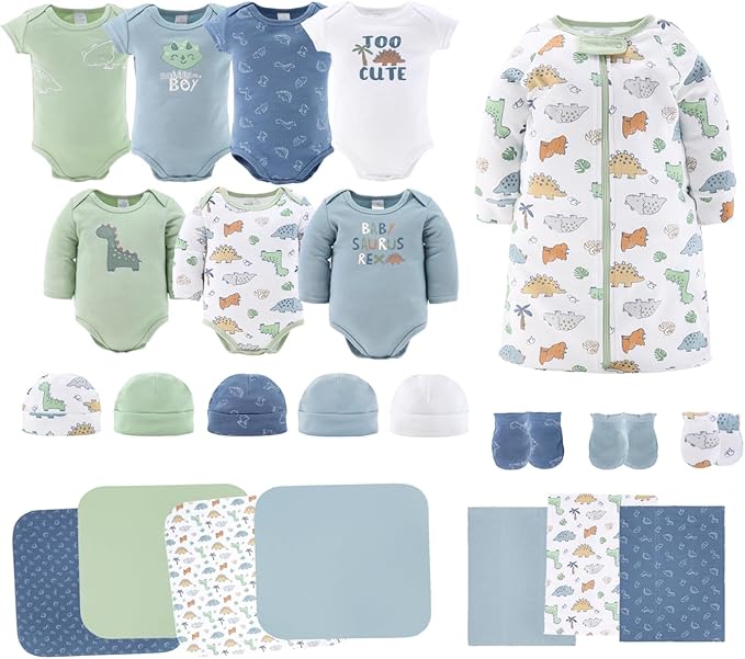 The Peanutshell Baby Layette Gift Set for Baby Boys - 23 Piece New Born Baby Boy Gift Set, Baby Clothes & Newborn Essentials Must Haves - Newborn Baby Boy Clothes 0-3 Months - Dinosaur