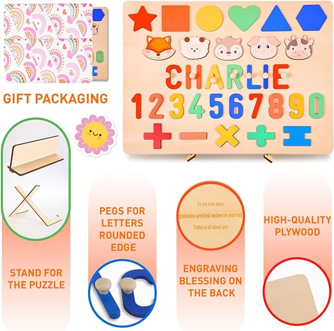 Personalized Wooden Name Puzzle for Toddlers 1-3 - Custom Baby Sensory Toy Easter Basket Stuffers - Early Learning Educational Toys for 1 Year Old Girl - 1st Birthday Gifts for Girl and Boy