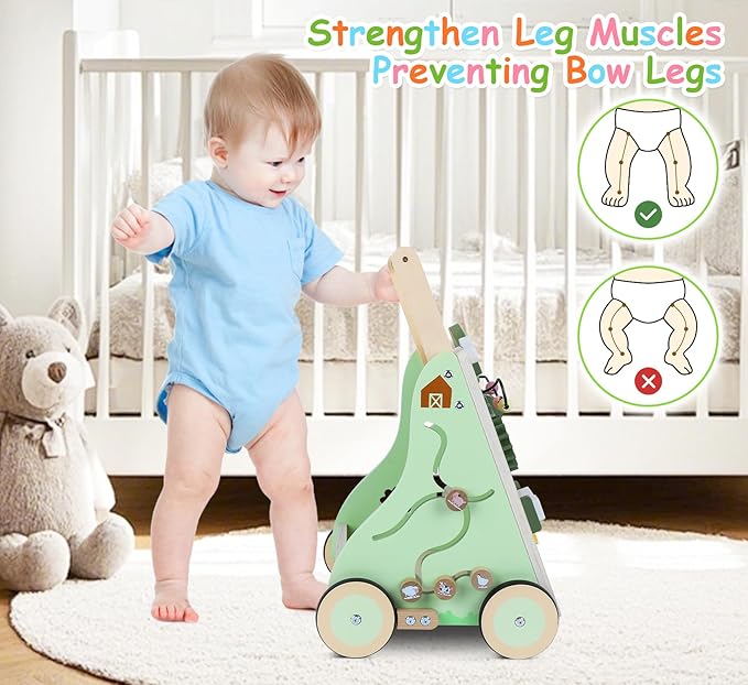 Wooden Baby Walker with Wheels, Toddler Push and Pull Walker Toys, Montessori Multiple Baby Activity Center Push Cart for Babies 6-12 Months 1 2 3 Years Old (Farm)