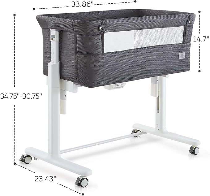 Rocking Bassinet for Baby Automatic Bedside Crib Electric Cradle 5 Heights Adjustable Bedside Sleeper for Babies Infant Smart Auto Rocking Crib 3 in 1 Bassinet on Wheels, Dark Grey