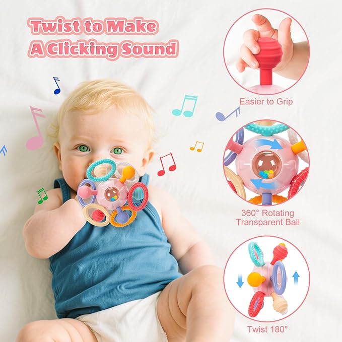 Baby Teething Toys for 0-6 6-12 Months, BPA Free Food Grade Silicone Teether, Infant Sensory Chew Rattles Toys, Gifts for Infant Newborn Boys Girls 0 3 6 9 12 18 Months, Pink