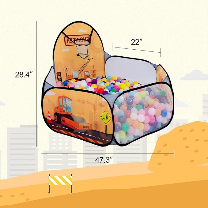Kids Ball Pit, Pop Up Children Play Tent, Toddler Ball Pool Baby Crawl Playpen with Basketball Hoop, Portable Toys for Girls Boys, 4 ft / 120 cm, Balls Not Included, Engineering Car