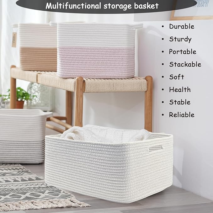 COMFY-HOMI 3 pcs Large Storage Baskets for Shelves, Laundry Basket, Woven Rope Basket, Closet Organizer Bins for Clothes Blanket Towels, Baby Nursery, Gift Toy Baskets, 17” x 13” x 7.5”-White