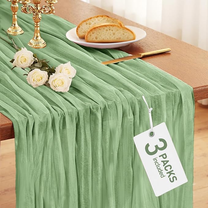 Pureegg 3-Pack Cheese Cloths Table Runner, 120'' Boho Table Cloth Decorations for Party, Baby Shower, Wedding and Farmhouse, Fabric Room Decor, Sage Green