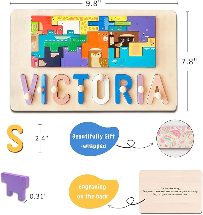 Name Puzzle for Kids Personalized, First Birthday for Baby Boy Girl, Wooden Name Puzzles for Toddlers 1-3, Educational Toys for 1 Year Old (Cute Animal)
