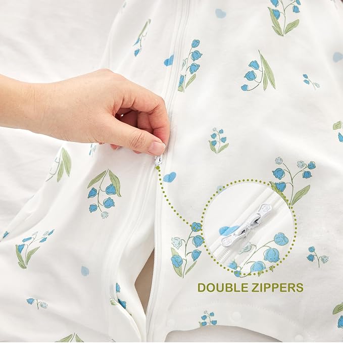 2 Pack Super Soft 0.5 TOG Sleep Sack with Legs, 100% Organic Cotton Side Open Toddler Sleep Sack with Feet, Bear & Bluebell, Size L