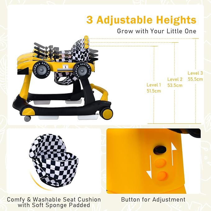 HOMGX Baby Walker with Wheels, Convertible Baby Push Walker & Race Car Mode, Infant Activity Center with Music Box, 3 Heights & 2 Speeds, Foldable Walkers for 6-18 Months (Yellow)
