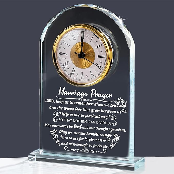 Glass Clock Wedding Gifts for Couples Newlywed 2025, Happy Anniversary Marriage Prayer Gift with Inspiring Quotes for Mr and Mrs, Engagement Presents Home Decoration