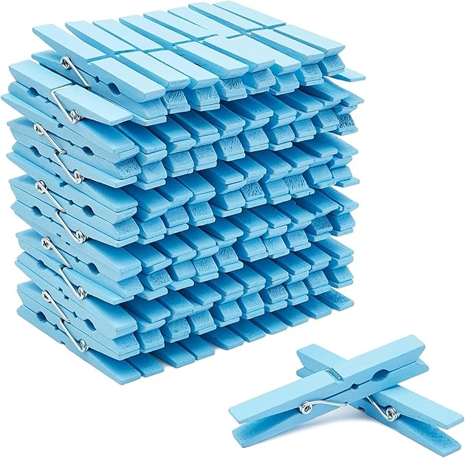 Juvale Wooden Clothes Pins 100-Pack - Light Blue 3.9 in - Wood Clips for Laundry & Crafts - Clothes Pins for Crafts with Spring Grip