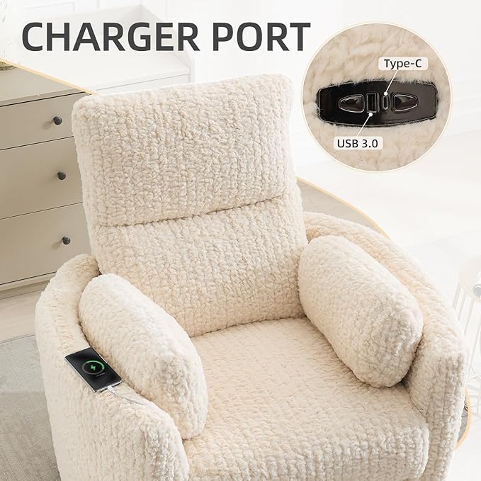 Power Swivel Glider Rocking Recliner Nursery Chair with 2 Pillows, Electric Rocker Reclining Chairs with Type-C & USB Charger Port for Living Room, High Back Barrel Armchair for Bedroom, Beige
