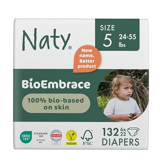Naty BioEmbrace Baby Diapers Size 5 (24–55 lbs) | 100% Biobased on Skin | Plant-Based Softness | Dermatologically Tested, Super Absorbent | 132 Count