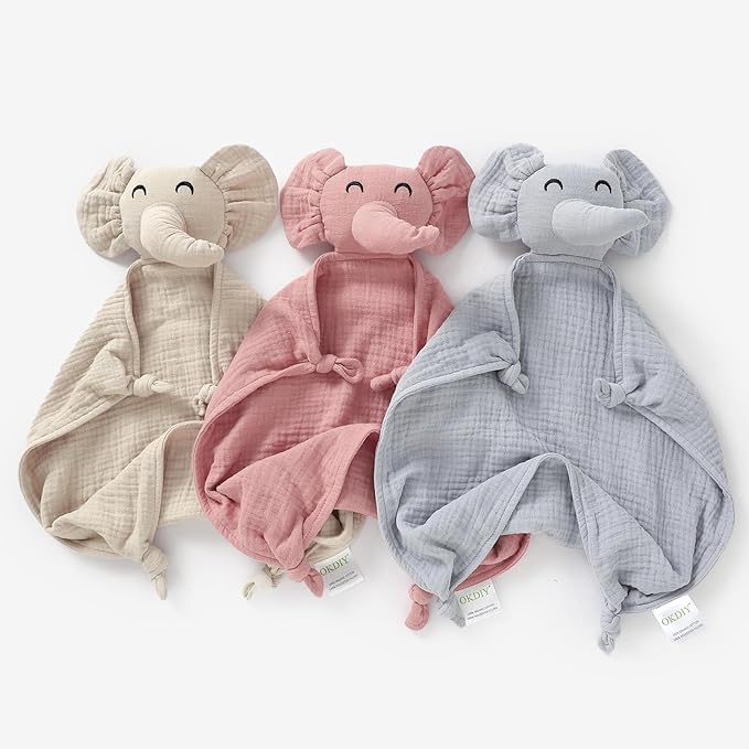 Organic Elephant Lovey, Muslin Security Blanket for Babies, Elephant Baby Stuffed Animal, Snuggle Toy, Gift for Boys and Girls (Khaki)