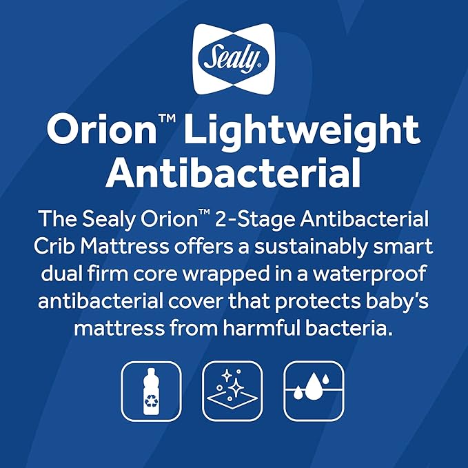 Sealy Baby Orion Antibacterial 2-Stage Breathable Crib Mattress, Toddler Bed Fit, Lightweight, Waterproof, Non-Toxic, GREENGUARD Gold Certified, USA Made, Safety & Quality Tested, 52x28