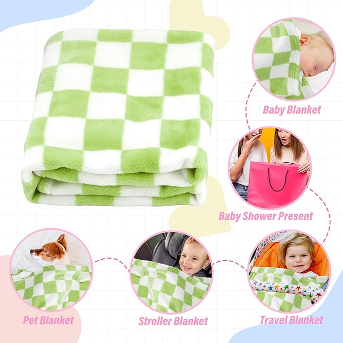 Plush Checkered Baby Blanket for Boys Girls Nursery, 30"*40" Warm Short Fleece Blanket Neutral for Infant Newborn, Small Fuzzy for Sleeping, Chenille or Stroller (Wine Green&White)