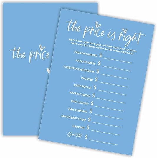 The Price Is Right - Baby Shower Game Cards - Minimalism Blue - 30 Double-Sided Fill In Style Game Cards For Gender Reveal, Baby Announcement, Party Games & Activity - C10