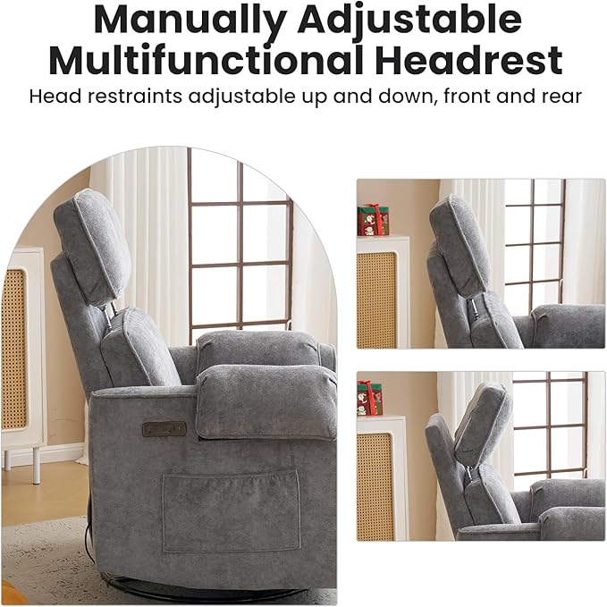 Oversized Power Recliner Chair Swivel Glider with Adjustable Headrest, Swivel Rocking Recliner Chair for Adults, 26" Extra Wide Glider Nursery Chair with Overstuffed Armrest, USB Ports, Grey