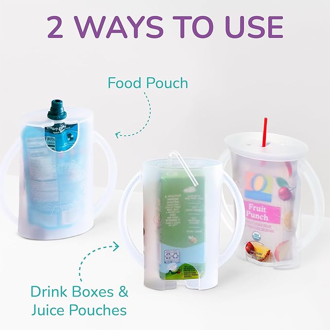 2-in-1 Baby Food Pouch & Juice Box Holder (2-pack) - No-Squeeze, Food-Safe Container with easy-grab Handles & Lid Fits GoGo, Capri Sun, Juice, Yogurt, & More