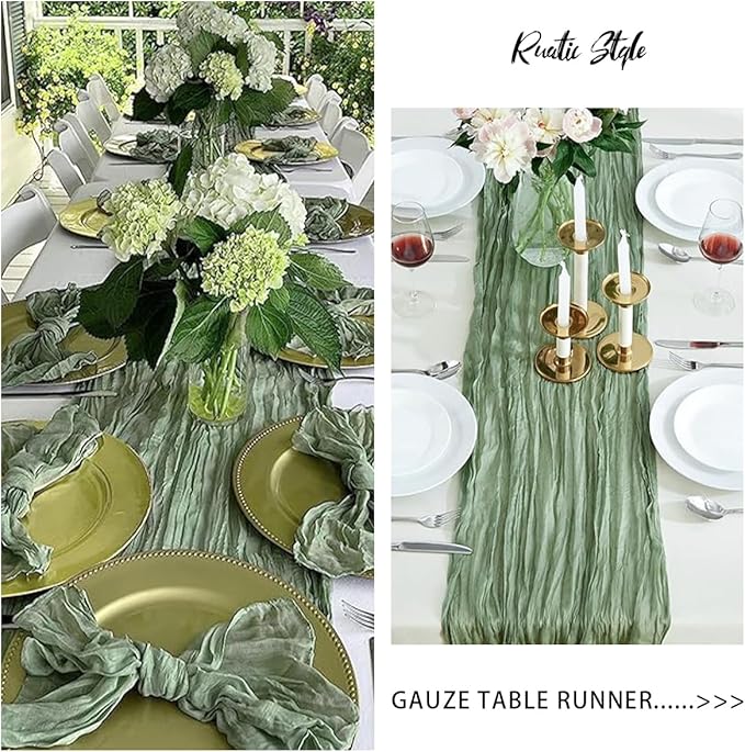 12 Pack Sage Green Cheesecloth Table Runners 35x120 Inch, Wide Boho Gauze Table Runner for Wedding Baby Shower Birthday Party Decor, Semi-Shear Rustic Tablecloth