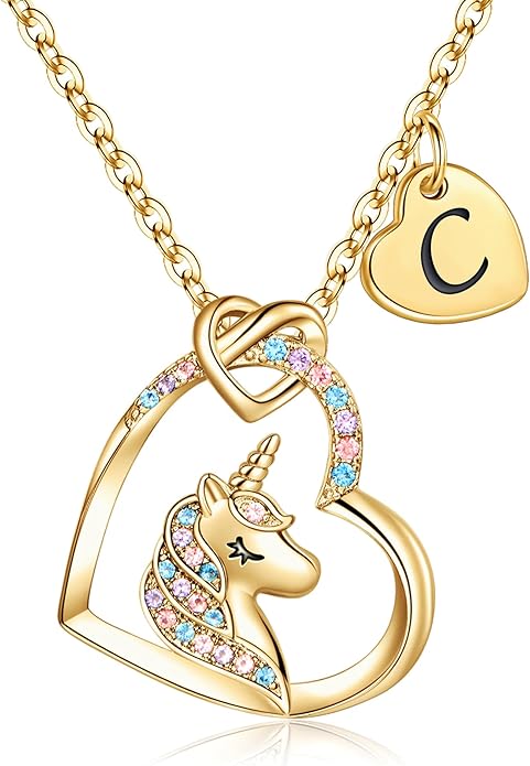 Hidepoo Unicorn Necklace Gifts for Girls Daughter - Colorful CZ Heart Pendant Initial Unicorn Necklaces for Girl Teens Little Girls Jewelry Birthday Gift