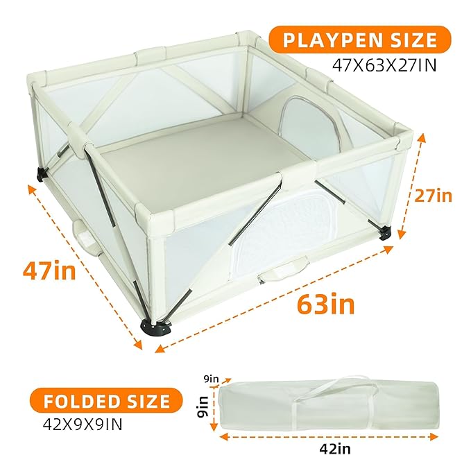 Foldable Baby Playpen 47x63 inch, iTiLike Playpen for Babies and Toddlers with 50 PCS Ocean Balls & 4 Handles, Indoor & Outdoor Kids Safety Play Pen Area, Portable Travel Play Yard (Beige)
