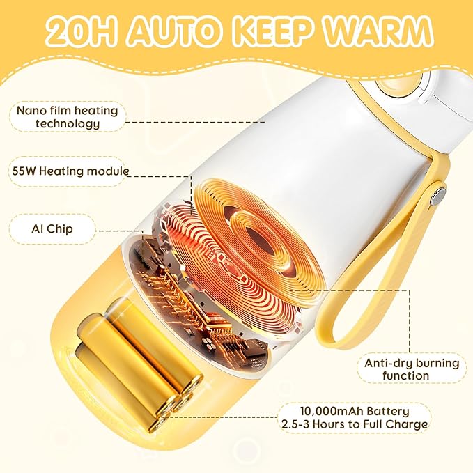 Portable Milk Warmer for Travel, 12oz Large Capacity Milk Warmer for Formula & Breastmilk, Fast Heating Milk Warmer on The Go wth Child Lock,Precise Temp Control
