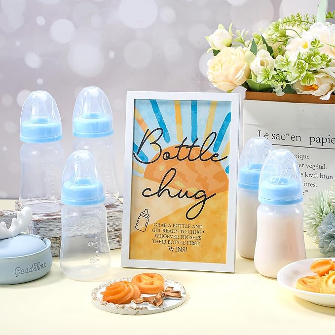 Roowest Bottle Chug Baby Shower Game Favors Including Blue Son Theme Wooden Sign and 18 Pcs Baby Bottles for Gender Reveal Party Supplies