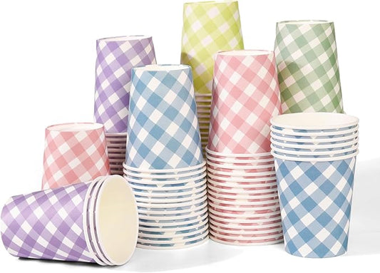 100pcs 9 oz gingham party Paper cups, 5 Colors Disposable Plaid Paper Checkered Cups for Wedding Birthday Party, Travel, Baby Shower Picnic