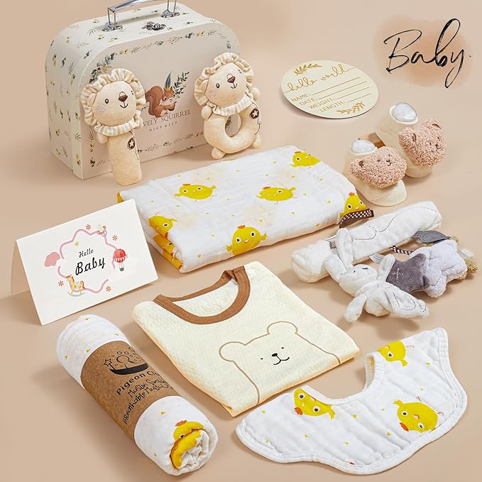 Golray 9pcs Newborn Baby Gift Baskets for Boys Girls Baby Shower, 2 Rattle/Seat Hang Toy/Blanket/Onesies/Bib/ 3D Socks/Wood Milestone/Carry Box, Neutral New Born Essential Stuff Unisex Baby Gifts Boy