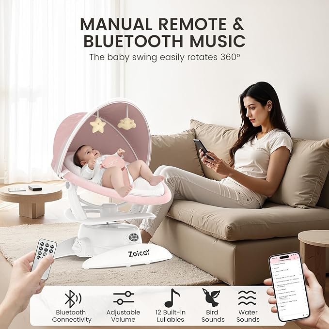 3-in-1 Baby Swing for Infants with Motion Detection, Electric Baby Swing with 3 Swing Modes, 12 Lullabies & 5-Speeds & Removable Swing Seat, BT Enabled & 360°Rotating Seat and Manual Remote, Pink